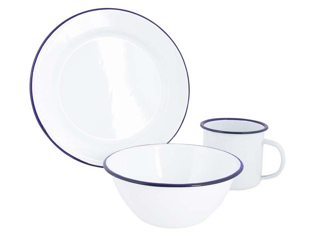 Bo-Camp Vaisselle Émail 6 Pièces - Blanc/Bleu