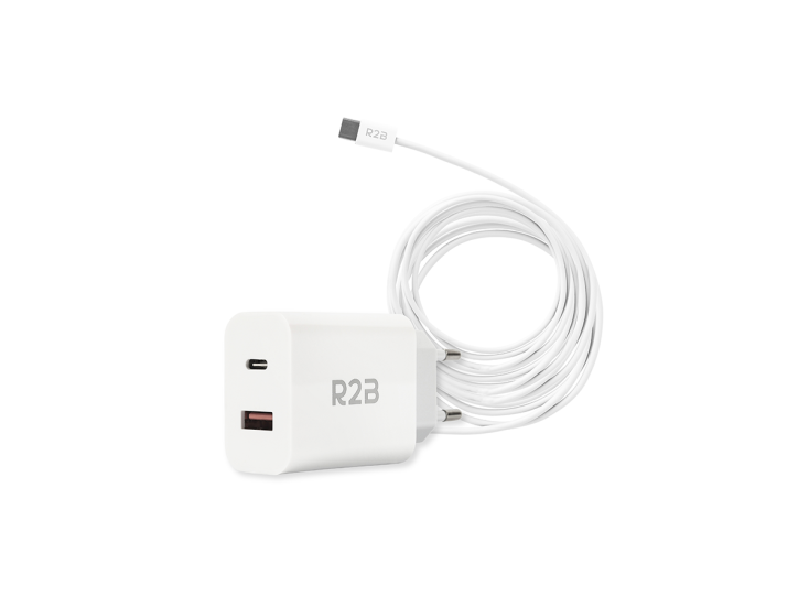 R2B Câble USB-C blanc de 1 mètre avec chargeur USB-A et USB-C